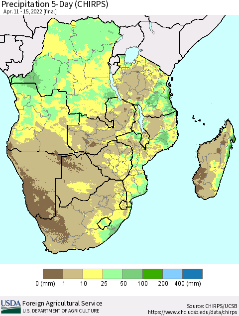 Southern Africa Precipitation 5-Day (CHIRPS) Thematic Map For 4/11/2022 - 4/15/2022