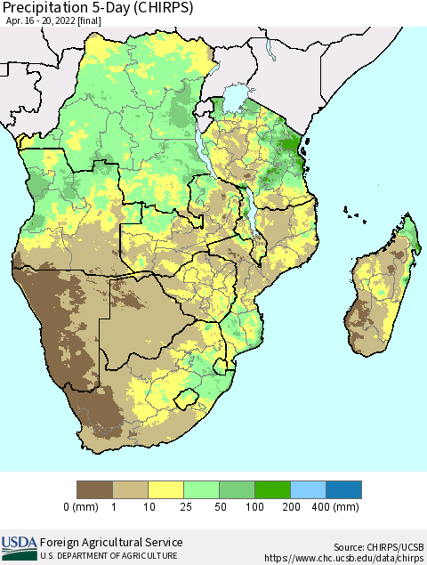 Southern Africa Precipitation 5-Day (CHIRPS) Thematic Map For 4/16/2022 - 4/20/2022