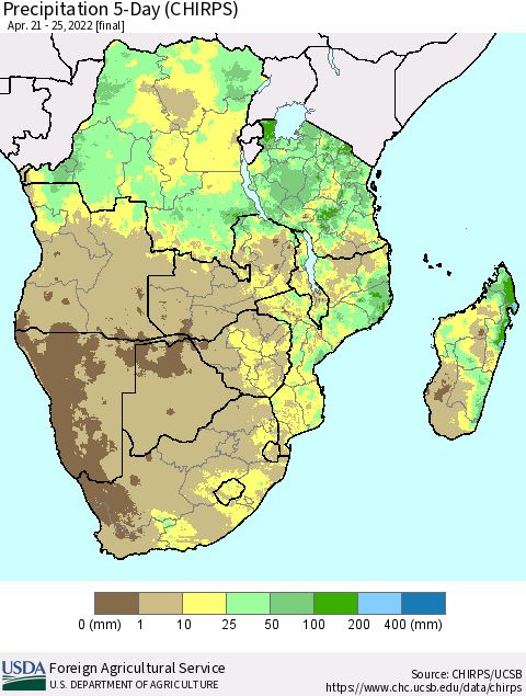 Southern Africa Precipitation 5-Day (CHIRPS) Thematic Map For 4/21/2022 - 4/25/2022