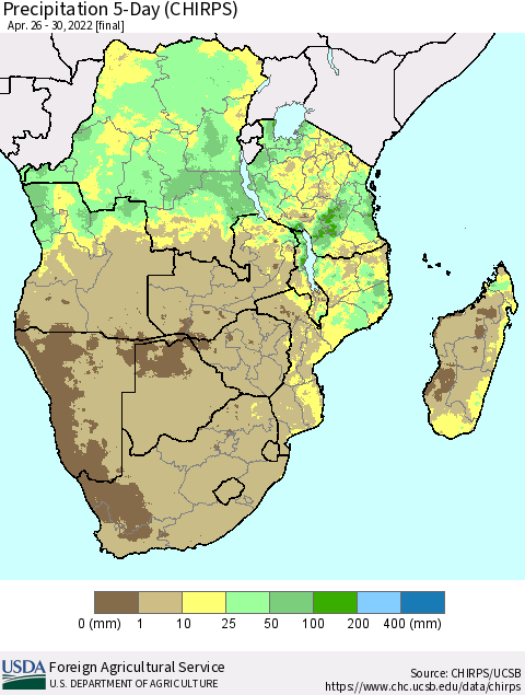 Southern Africa Precipitation 5-Day (CHIRPS) Thematic Map For 4/26/2022 - 4/30/2022