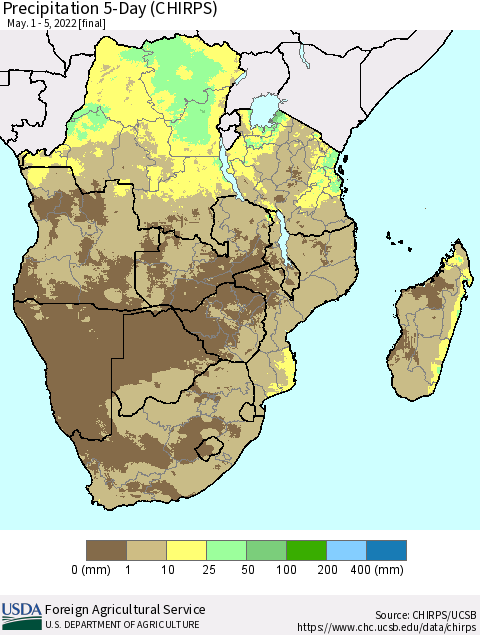 Southern Africa Precipitation 5-Day (CHIRPS) Thematic Map For 5/1/2022 - 5/5/2022