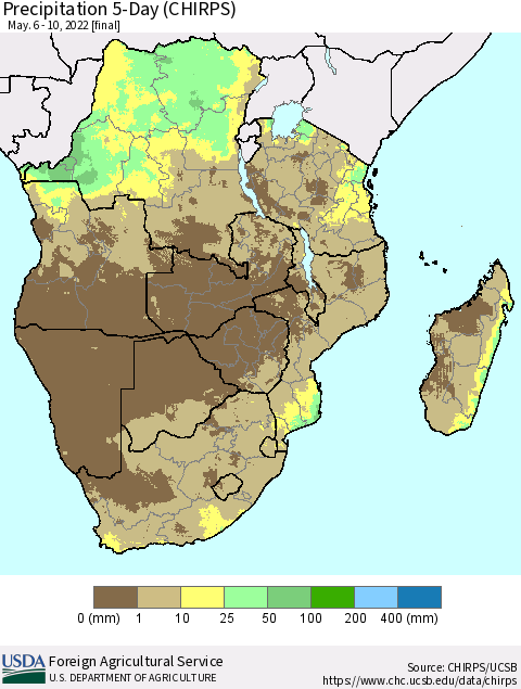 Southern Africa Precipitation 5-Day (CHIRPS) Thematic Map For 5/6/2022 - 5/10/2022