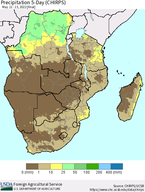 Southern Africa Precipitation 5-Day (CHIRPS) Thematic Map For 5/11/2022 - 5/15/2022