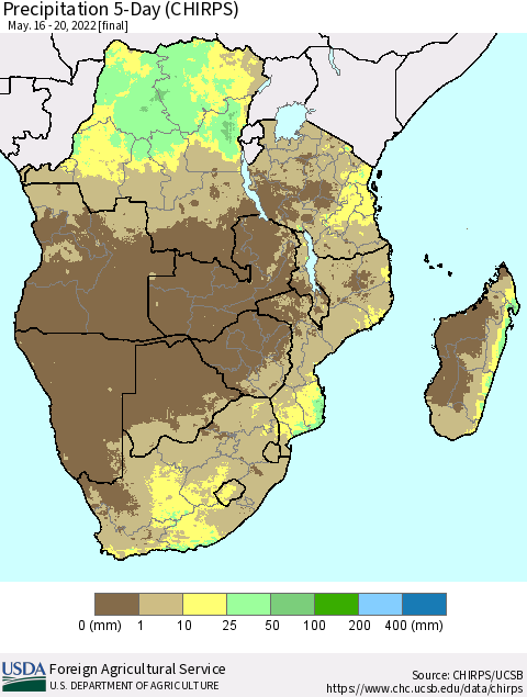 Southern Africa Precipitation 5-Day (CHIRPS) Thematic Map For 5/16/2022 - 5/20/2022