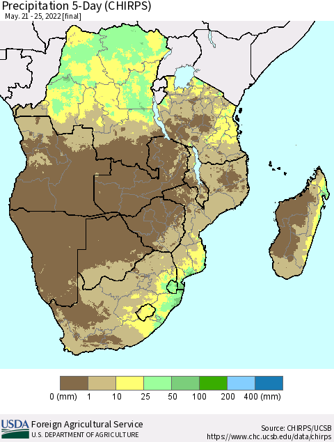 Southern Africa Precipitation 5-Day (CHIRPS) Thematic Map For 5/21/2022 - 5/25/2022