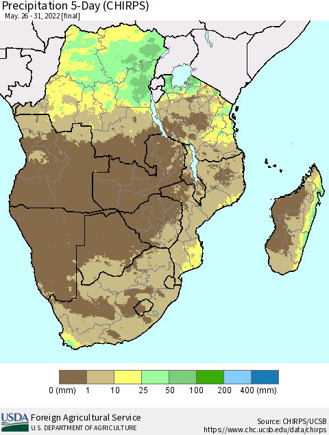 Southern Africa Precipitation 5-Day (CHIRPS) Thematic Map For 5/26/2022 - 5/31/2022