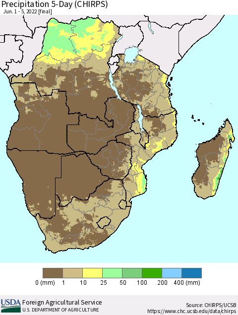 Southern Africa Precipitation 5-Day (CHIRPS) Thematic Map For 6/1/2022 - 6/5/2022