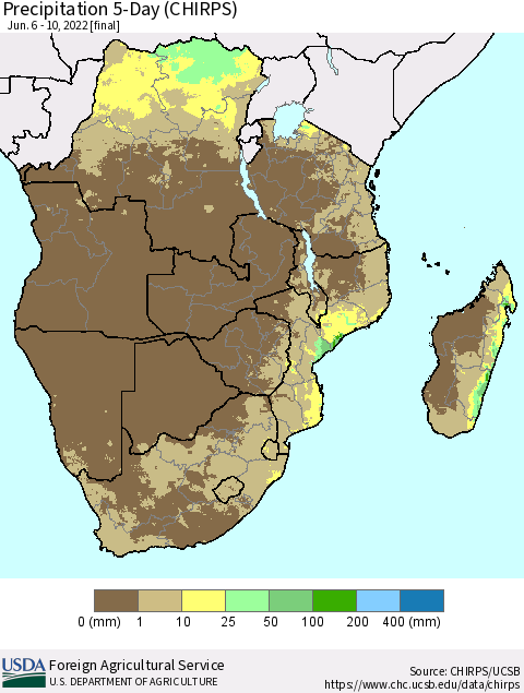 Southern Africa Precipitation 5-Day (CHIRPS) Thematic Map For 6/6/2022 - 6/10/2022