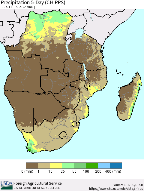 Southern Africa Precipitation 5-Day (CHIRPS) Thematic Map For 6/11/2022 - 6/15/2022