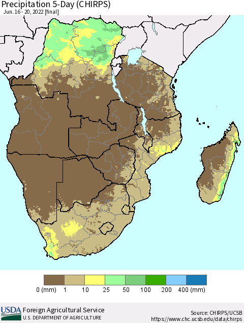 Southern Africa Precipitation 5-Day (CHIRPS) Thematic Map For 6/16/2022 - 6/20/2022