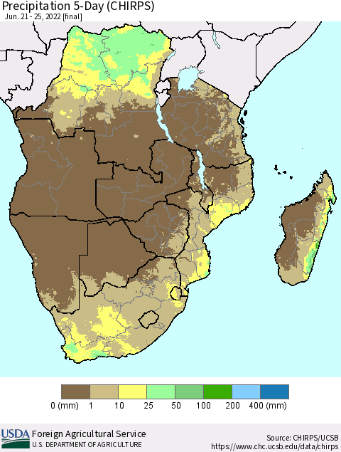 Southern Africa Precipitation 5-Day (CHIRPS) Thematic Map For 6/21/2022 - 6/25/2022