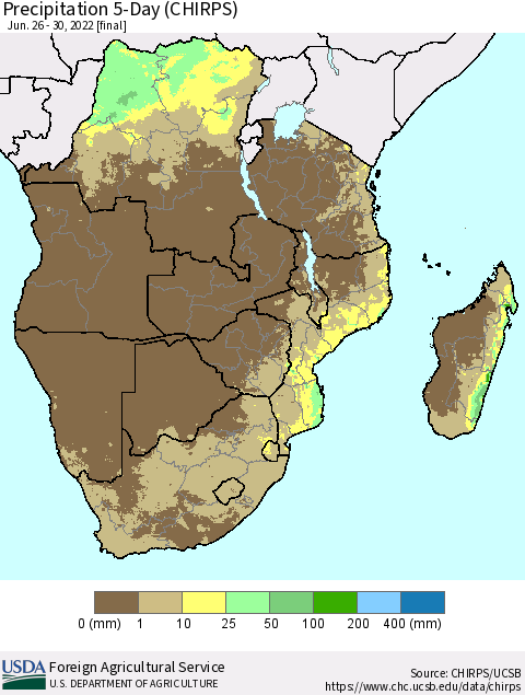 Southern Africa Precipitation 5-Day (CHIRPS) Thematic Map For 6/26/2022 - 6/30/2022