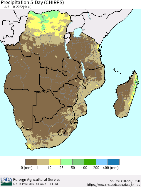 Southern Africa Precipitation 5-Day (CHIRPS) Thematic Map For 7/6/2022 - 7/10/2022