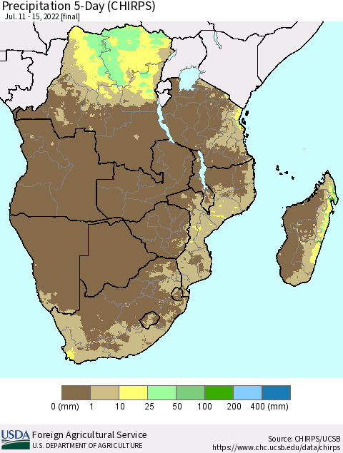 Southern Africa Precipitation 5-Day (CHIRPS) Thematic Map For 7/11/2022 - 7/15/2022