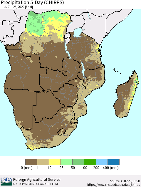 Southern Africa Precipitation 5-Day (CHIRPS) Thematic Map For 7/21/2022 - 7/25/2022