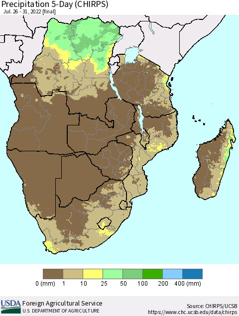 Southern Africa Precipitation 5-Day (CHIRPS) Thematic Map For 7/26/2022 - 7/31/2022