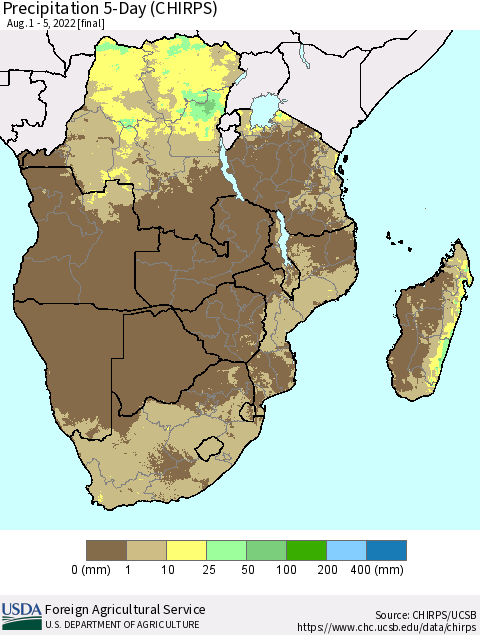 Southern Africa Precipitation 5-Day (CHIRPS) Thematic Map For 8/1/2022 - 8/5/2022
