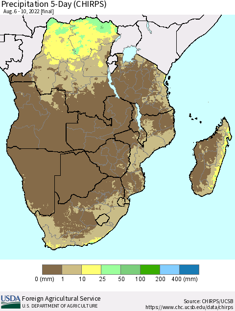 Southern Africa Precipitation 5-Day (CHIRPS) Thematic Map For 8/6/2022 - 8/10/2022