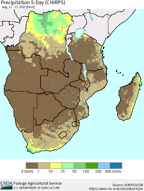 Southern Africa Precipitation 5-Day (CHIRPS) Thematic Map For 8/11/2022 - 8/15/2022