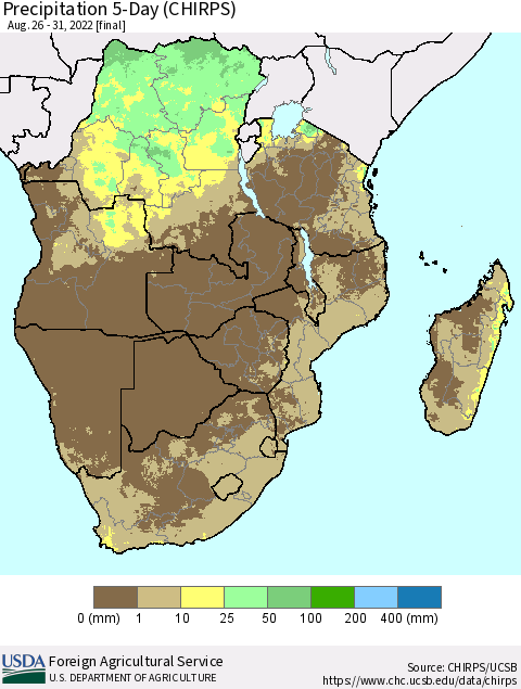 Southern Africa Precipitation 5-Day (CHIRPS) Thematic Map For 8/26/2022 - 8/31/2022