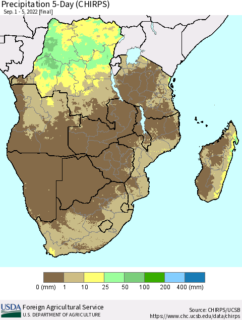 Southern Africa Precipitation 5-Day (CHIRPS) Thematic Map For 9/1/2022 - 9/5/2022