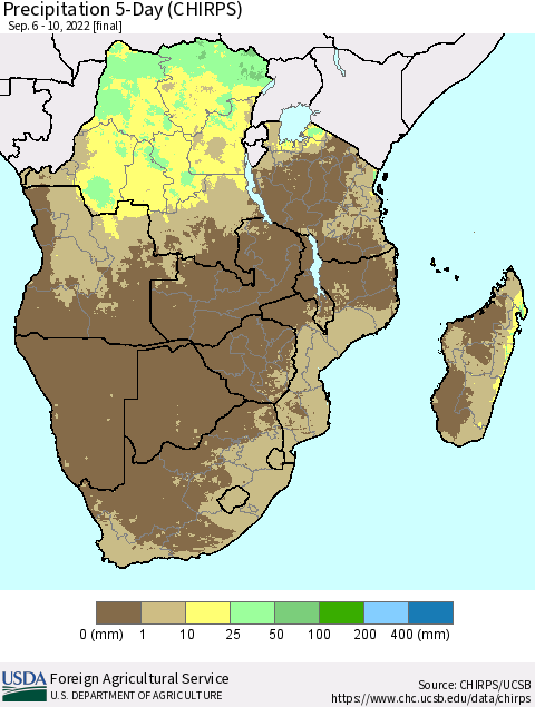 Southern Africa Precipitation 5-Day (CHIRPS) Thematic Map For 9/6/2022 - 9/10/2022