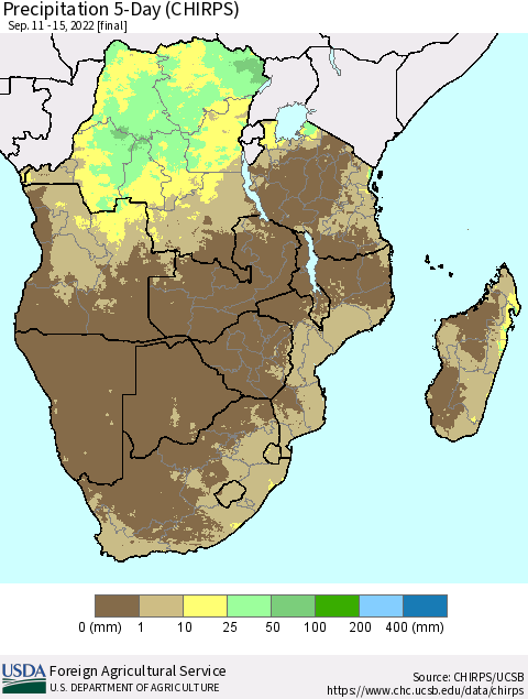 Southern Africa Precipitation 5-Day (CHIRPS) Thematic Map For 9/11/2022 - 9/15/2022