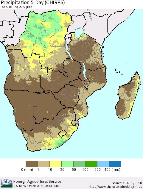 Southern Africa Precipitation 5-Day (CHIRPS) Thematic Map For 9/16/2022 - 9/20/2022