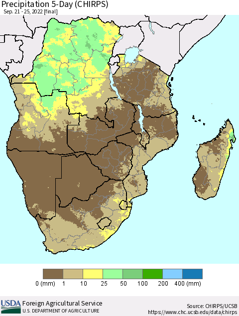 Southern Africa Precipitation 5-Day (CHIRPS) Thematic Map For 9/21/2022 - 9/25/2022