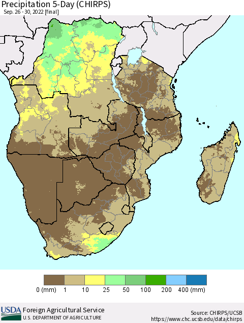 Southern Africa Precipitation 5-Day (CHIRPS) Thematic Map For 9/26/2022 - 9/30/2022