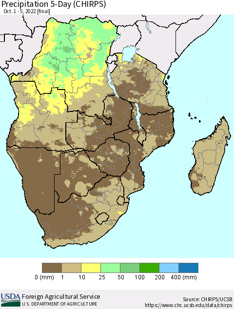Southern Africa Precipitation 5-Day (CHIRPS) Thematic Map For 10/1/2022 - 10/5/2022