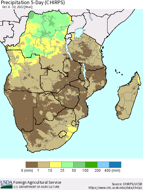 Southern Africa Precipitation 5-Day (CHIRPS) Thematic Map For 10/6/2022 - 10/10/2022