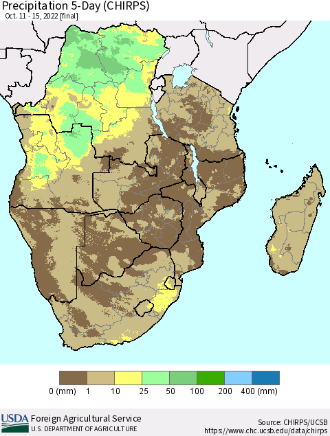 Southern Africa Precipitation 5-Day (CHIRPS) Thematic Map For 10/11/2022 - 10/15/2022
