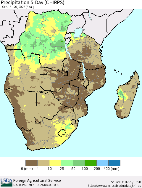 Southern Africa Precipitation 5-Day (CHIRPS) Thematic Map For 10/16/2022 - 10/20/2022