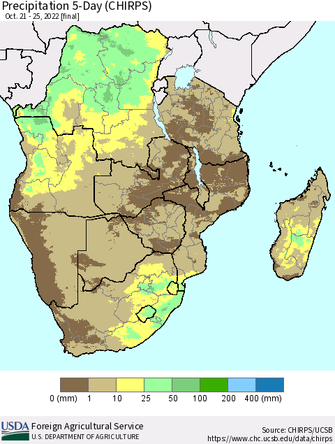 Southern Africa Precipitation 5-Day (CHIRPS) Thematic Map For 10/21/2022 - 10/25/2022