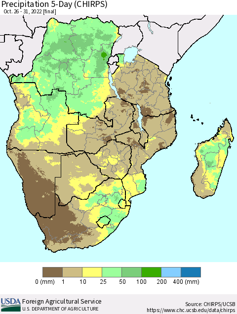 Southern Africa Precipitation 5-Day (CHIRPS) Thematic Map For 10/26/2022 - 10/31/2022