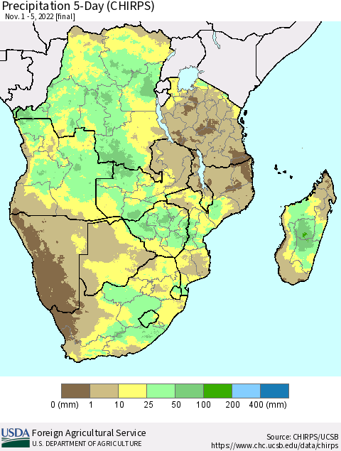 Southern Africa Precipitation 5-Day (CHIRPS) Thematic Map For 11/1/2022 - 11/5/2022