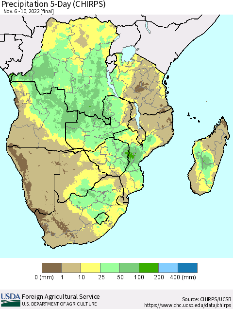 Southern Africa Precipitation 5-Day (CHIRPS) Thematic Map For 11/6/2022 - 11/10/2022
