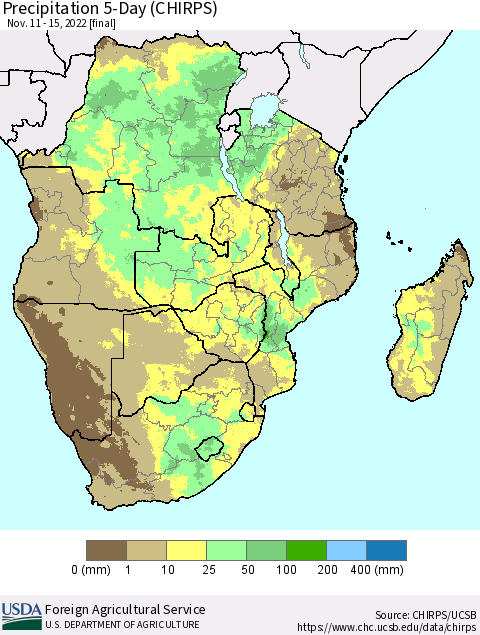 Southern Africa Precipitation 5-Day (CHIRPS) Thematic Map For 11/11/2022 - 11/15/2022