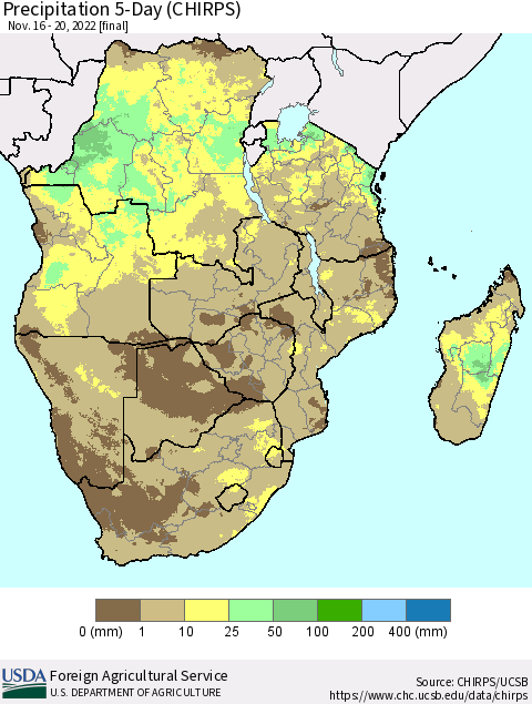 Southern Africa Precipitation 5-Day (CHIRPS) Thematic Map For 11/16/2022 - 11/20/2022