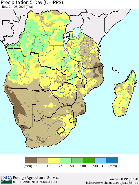 Southern Africa Precipitation 5-Day (CHIRPS) Thematic Map For 11/21/2022 - 11/25/2022