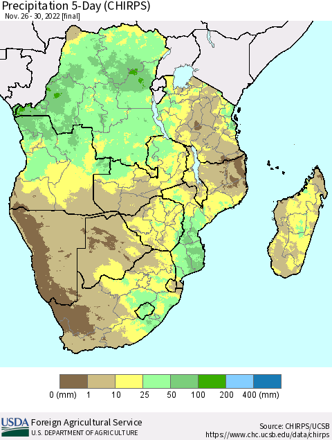 Southern Africa Precipitation 5-Day (CHIRPS) Thematic Map For 11/26/2022 - 11/30/2022