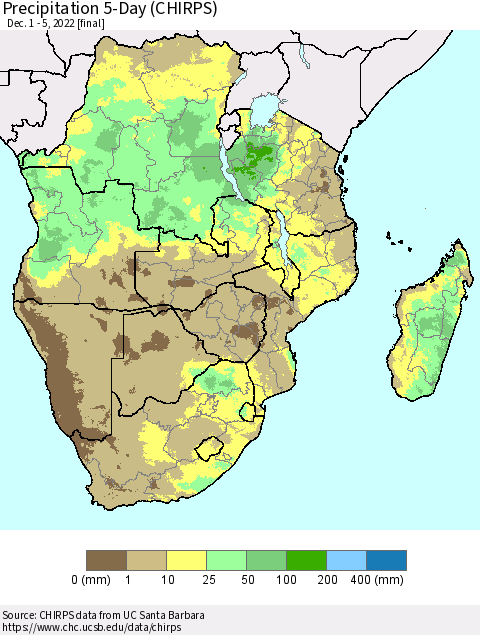 Southern Africa Precipitation 5-Day (CHIRPS) Thematic Map For 12/1/2022 - 12/5/2022