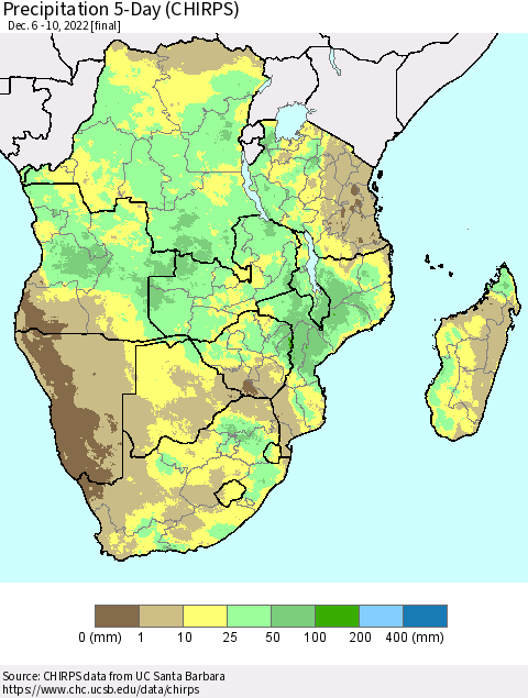 Southern Africa Precipitation 5-Day (CHIRPS) Thematic Map For 12/6/2022 - 12/10/2022