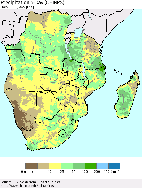 Southern Africa Precipitation 5-Day (CHIRPS) Thematic Map For 12/11/2022 - 12/15/2022