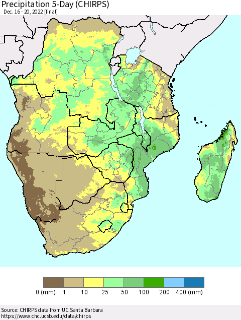 Southern Africa Precipitation 5-Day (CHIRPS) Thematic Map For 12/16/2022 - 12/20/2022