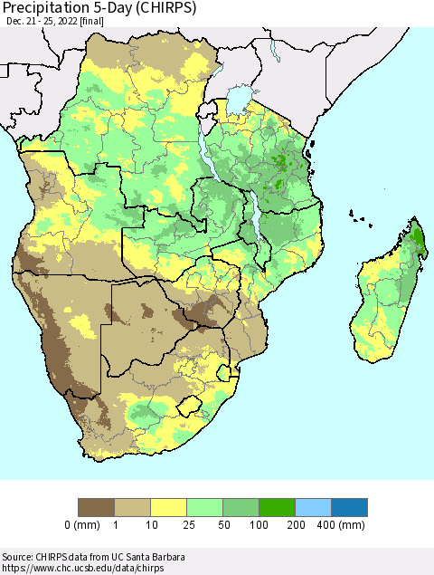 Southern Africa Precipitation 5-Day (CHIRPS) Thematic Map For 12/21/2022 - 12/25/2022