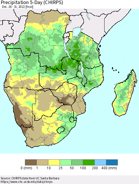 Southern Africa Precipitation 5-Day (CHIRPS) Thematic Map For 12/26/2022 - 12/31/2022