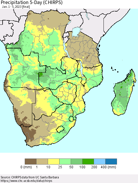 Southern Africa Precipitation 5-Day (CHIRPS) Thematic Map For 1/1/2023 - 1/5/2023