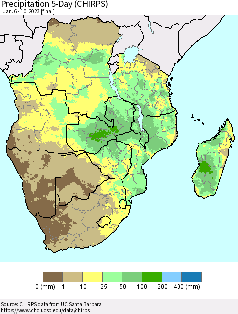 Southern Africa Precipitation 5-Day (CHIRPS) Thematic Map For 1/6/2023 - 1/10/2023